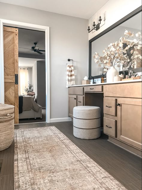 Bathroom With Carpet, Bath Runner Rugs Master Bathrooms, Master Bath Runner Rug, Bathroom Area Rug Master Bath, Dark Floors In Bathroom, Rug In Bathroom Ideas, Bathroom Rugs Ideas Master Farmhouse, Long Rug In Bathroom, Neutral Bathroom Rugs