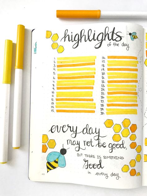 Celebrate the best parts of your month every day with this highlights of the day page in your bullet journal. This spread can be used as a gratitude journal or as a place to write down fun memories of the month. This is one of several pages included in this September plan with me blog post, all featuring a honeybee theme. Highlighter Journal Ideas, Monthly Highlights Bullet Journal, September Dot Journal Ideas, Bujo Highlight Of The Day, Journal Highlight Of The Day, Highlight Of The Day Bullet Journal, Fun Bullet Journal Ideas, Journal Month Page, Honeybee Theme