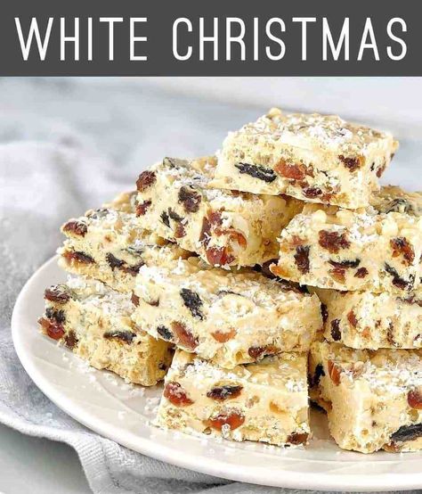 White Christmas Recipe - a traditional white Christmas recipe with rice bubbles, fruit, nuts and coconut but with a chocolate twist using caramilk chocolate. #chefnotrequired #whitechristmasrecipe Rice Bubble Recipes, Christmas Slice, Chocolate Crackles, Rice Bubbles, Cranberry Pistachio, Glace Cherries, Christmas Recipe, Puffed Rice, Slices Recipes