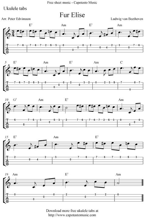 Free Sheet Music Scores: Fur Elise, free ukulele tabs sheet music Mandolin Sheet Music, Ed Sheeran Ukulele, Ukulele Fingerpicking Songs, Ukulele Tabs Songs, Ukulele Fingerpicking, Ukulele Songs Beginner, Ukulele Chords Chart, Fur Elise, Cool Ukulele