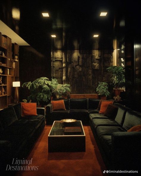 80s Lounge Room, Dark 80s Interior Design, Black Apartment Aesthetic, 80s Mansion Interior, 80s New York Apartment, Goth Interior Design, 60s Interior Design, 80s Luxury Penthouse, 70s Architecture