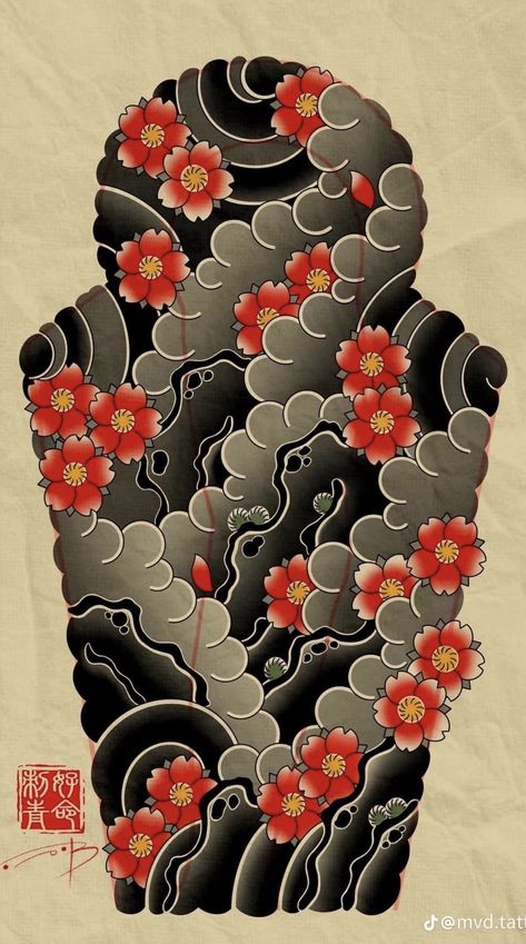 Japanese Traditional Tattoo Flowers, Japanese Flower Tattoo Design, Blackout Tattoo Ideas, Asian Tattoo Sleeve, Japanese Warrior Tattoo, Foo Dog Tattoo Design, Traditional Japanese Tattoo Designs, Irezumi Tattoo, Tattoo Sleeve Filler