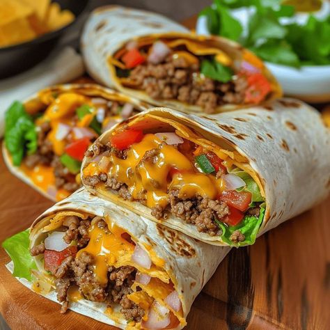 Nacho Beef Wrap, Delicious Wrap Recipes, National Night Out Food Ideas, Nacho Cheese Beef Burritos, Classic Dinner Recipes Comfort Foods, Taco Burrito Wrap, Nacho Cheese Burrito, Food Recipes Wraps, Restaurant Style Nachos