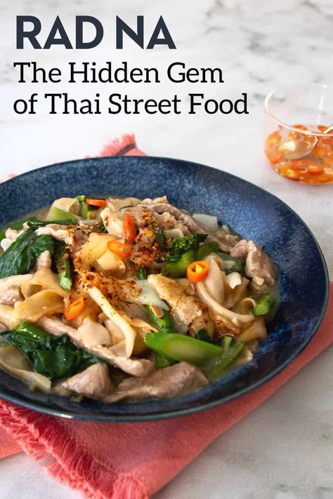 A hidden gem of Thai street food, rad na is made from chewy fresh rice noodles that are toasted, then drenched with a tasty pork gravy. It's a quick meal that is simple to make at home! Lard Nar Thai Recipes, Lad Na Recipe, Rad Na Recipe, Loas Food, Thai Recipes Noodles, Pork Gravy, Thai Rice Noodles, Thai Street Food Recipes, Food Thai