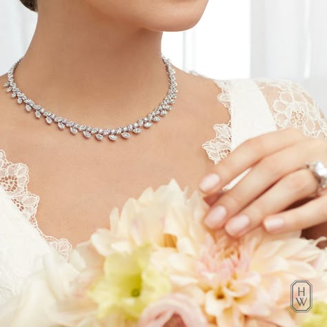 A delicate arrangement of wedding day jewels, including The House's exceptional Winston™ Cluster Diamond Necklace, for unparalleled bridal brilliance. #BrilliantlyInLove Delicate Diamond Necklace, Diamond Necklace Simple, Jewelry Pics, Bridal Diamond Necklace, Real Diamond Necklace, Neck Pieces Jewelry, Diamond Pendant Sets, Pearl Necklace Designs, Diamond Necklace Designs