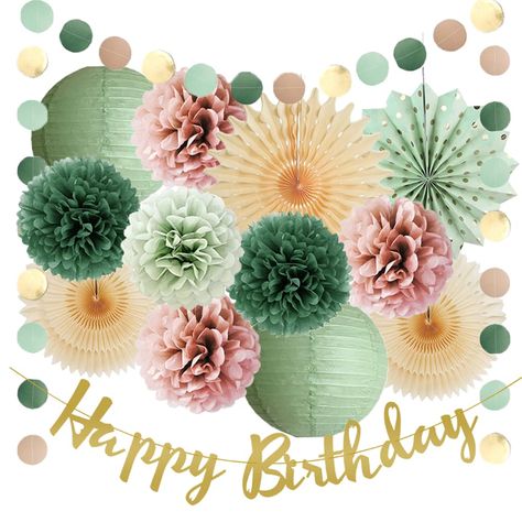 PRICES MAY VARY. 【Sage Green and Dusty Pink Birthday Decorations Kit】 4pcs paper fans decorations, 6pcs tissue paper pom pom flowers sage green and dusty rose, 2pcs paper lanterns sage green, 1pc happy birthday banner gold, 1pc sage green and gold circle garland 【DIY Joy】 In order to avoid any possible damage during transportation, this sage green and blush pink birthday party decorations set is packed flat. You could decorate your birthday party with your family or friends to enjoy a happy time Rose Gold And Sage Green Birthday Party, Green Pink And Gold Party Decor, Green Pink Birthday Decoration, Sage Green And Pink Party Decor, Pink And Green Birthday Decorations, Green And Pink Birthday, Pink And Green Birthday Party, Green And Pink Party, Botanical Party