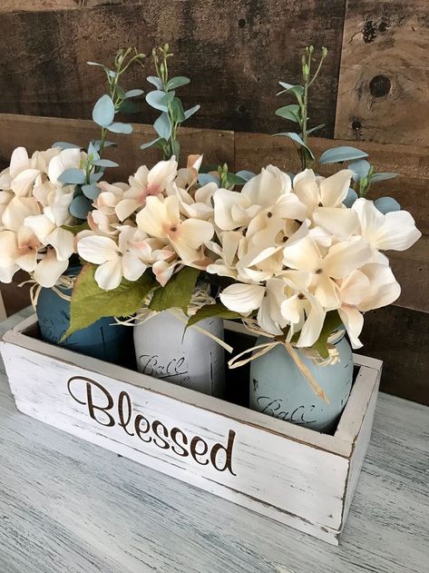 Dining Room Table Centerpieces, Farmhouse Centerpiece, Dining Table Rustic, Mason Jar Flowers, Jar Decor, Dining Table Centerpiece, 75th Birthday, Floral Centerpiece, Mason Jar Centerpieces