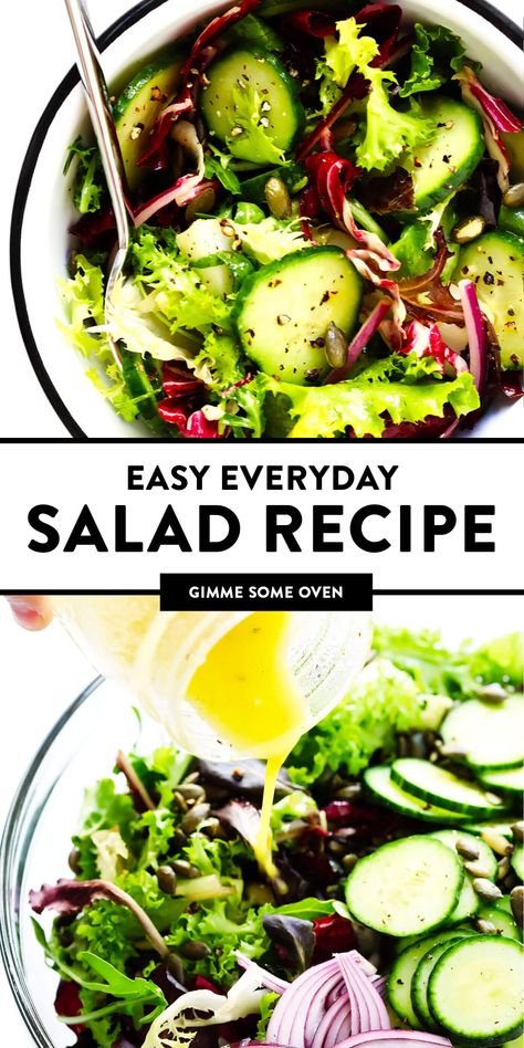 My favorite everyday salad recipe -- made with fresh greens, cucumber, red onion, pepitas (or your favorite nuts), and a zesty lemon-dijon salad dressing. So easy, healthy and delicious! | Gimme Some Oven #healthy #salad #recipe #dinner #vegetarian #vegan #glutenfree #easy Dijon Salad, Easy Side Salad, Everyday Salad, Dinner Vegetarian, Side Salad Recipes, Green Salad Recipes, Gimme Some Oven, Recipe Dinner, Healthy Salad