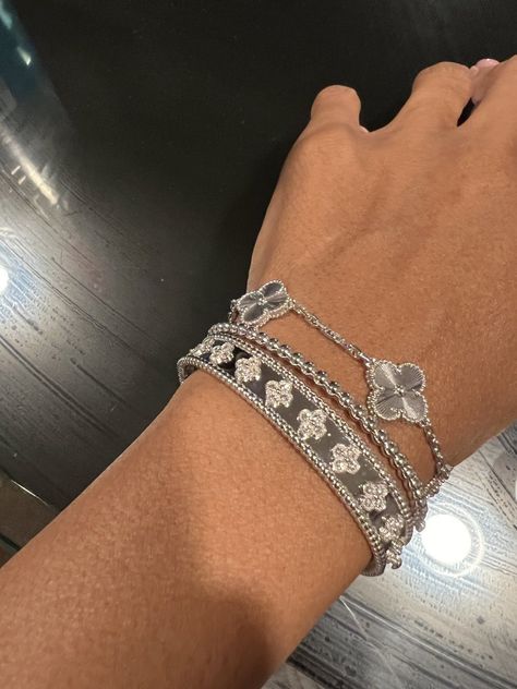 (1) Van Cleef in action! | Page 1259 | PurseForum Van Cleef Silver, Van Cleef Set, Van Cleef Stack, Silver Van Cleef, Van Cleef Bracelet, Bracelet Set Silver, Luxury Jewellery, White Bracelets, Jewelry Lookbook