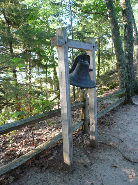 GAME OVER (i miss camp lookout) Cast Iron Bell Mounting Ideas, Farm Bell On Post, Dinner Bell Post, Bell Stand, Cast Iron Bell, Bath Garden, Car Parts Decor, Antique Bell, Backyard Swings