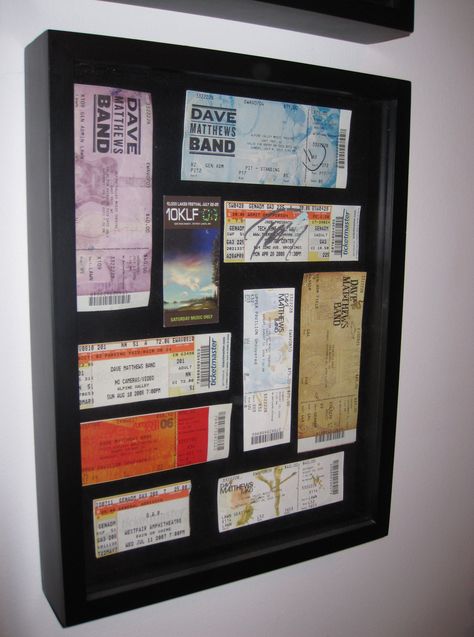 Display your concert tickets with foam mounting tape in a shadow box! I made two to go side by side. -WN Concert Ticket Frame Display, Concert Ticket Display, Concert Wall, Ticket Display, Album Display, Memorabilia Display, Wall Displays, Concert Ticket, Diy Display