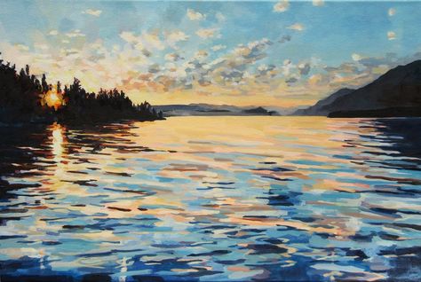 Lake Pend Oreille Bainbridge Island Washington, Contemporary Museum, Lake Painting, Lake Art, Mom Art, Drip Painting, Sunset Painting, Traditional Paintings, Water Painting