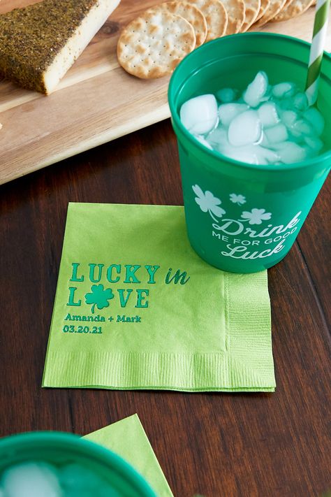 Our personalized "Lucky in Love" party napkins will add the perfect amount of shamrock flair to your next party! With a two lines of text below the Lucky in Love design these beverage napkins can be personalized for your wedding, anniversary, engagement party or bridal shower. Have a stack at your party bar or dessert bar! Lucky In Love Theme, Lucky In Love Wedding Theme, Lucky In Love Engagement Party, Lucky In Love Bridal Shower Decor, Lucky In Love Bachelorette Party, Lucky In Love Wedding, Hens Party Themes, Cocktail Napkin, Party Bar