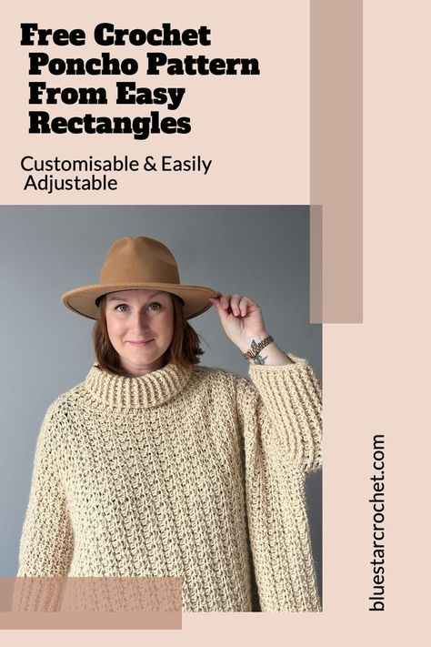 crochet poncho free pattern for women with text overlay "Free Easy Beginner Crochet Poncho From Easy Rectangles" Crochet Swoncho, Beginner Crochet Poncho, Crochet Poncho Pattern, Poncho Au Crochet, Crochet Bloggers, Crochet Cape, Crochet Poncho Free Pattern, Crochet Poncho Patterns, Simple Crochet