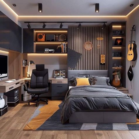 Son Room Design Modern, Acoustic Wall Panels Bedroom, Boys Bedroom Desk Ideas, Bedroom Study Table Ideas, Gamer Boy Bedroom Ideas, Boy Teen Bedroom Ideas, Cool Teen Boy Room, Older Boys Room, Gamer Room Ideas Boy Bedrooms