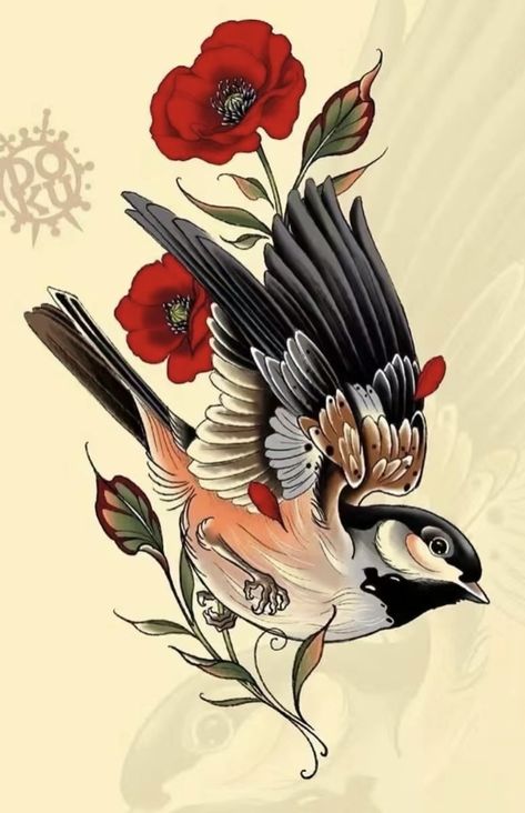 Two Love Birds Drawing, Neotraditional Sparrow, Japanese Bird Tattoo Design, Neotraditional Swallow Tattoo, Neo Trad Bird Tattoo, Neo Trad Back Piece, Neo Traditional Bird Tattoo Design, Sparrow Chest Tattoo, Neotraditional Cardinal