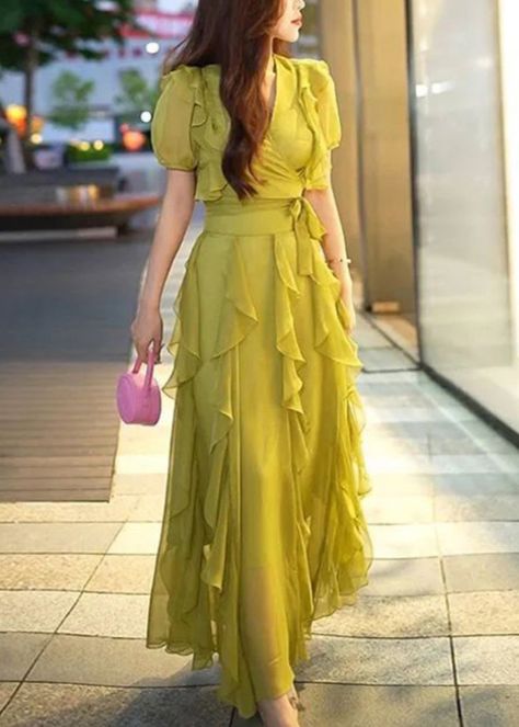 New Green V Neck Ruffled Chiffon Long Dresses Summer Long Dress Style, Plus Size Sundress, Long Dresses Summer, Robes Glamour, Chiffon Long Dress, Chiffon Dress Long, Chiffon Ruffle, Silk Maxi Dress, Long Summer Dresses