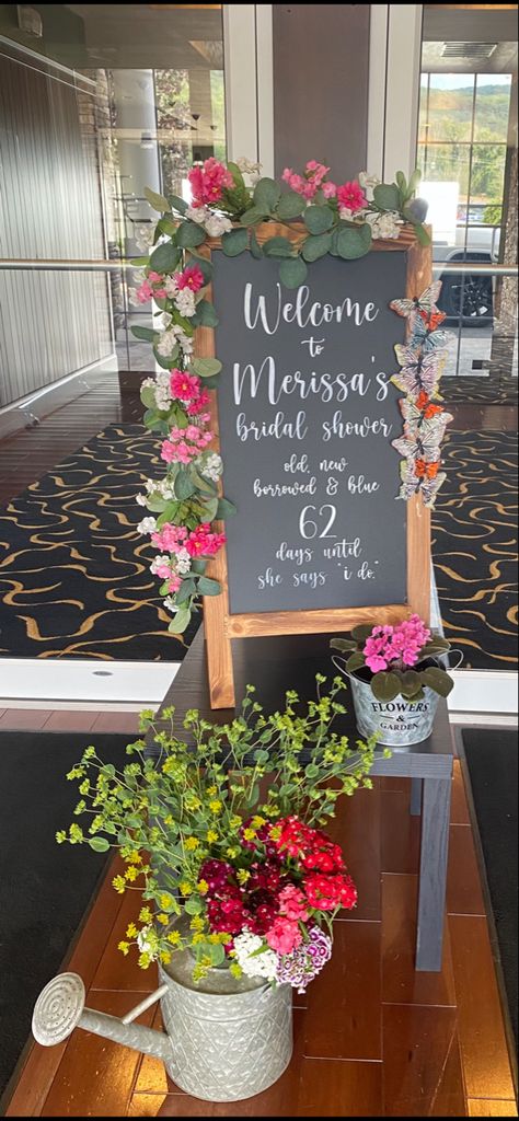 Bridal Shower Front Porch Decorations, Couple Shower Sign Ideas, Garden Party Chalkboard Sign, Garden Themed Brunch, Bridal Shower Ideas Whimsical, Garden Theme Shower Ideas, Bridal Party Garden Theme, Front Porch Bridal Shower Decor, Lawn And Garden Bridal Shower Ideas