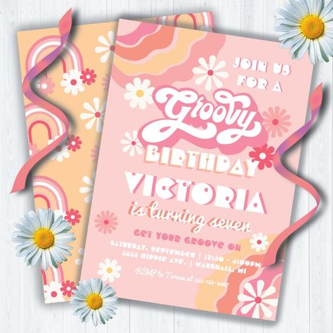 Retro Birthday Party, Floral Birthday Party Invitations, Hippie Birthday Party, Retro Birthday Parties, Pink Terracotta, Hippie Birthday, Floral Birthday Party, Retro Birthday, Floral Birthday