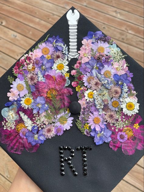 Pressed Flower Graduation Cap, Respiratory Aesthetic, Respiratory Graduation Party, Graduation Cap Designs Respiratory Therapy, Respiratory Cap Decoration, Respiratory Graduation Cap, Rad Tech Graduation Cap, Respiratory Therapist Graduation Cap, Respiratory Therapy Graduation Party