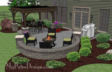 Curvy, shady and fun! With colorful pavers, the Beautiful Patio Design with Pergola creates 2 areas for outdoor dining and a fire pit. Layouts and material list. Patio With Fire Pit, Diy Patio Ideas, Patio Plans, Pergola Design, Backyard Pergola, Beautiful Patios, Brick Patios, Fire Pit Patio, Pergola Plans