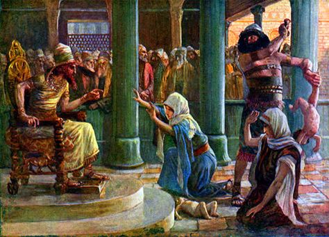 King Solomon’s Wise Judgment (1 Kings 3:16-28) Wisdom Of Solomon, James Tissot, Jewish Museum, Gouache Illustrations, Bible Pictures, King Solomon, Wisdom Books, Religious Painting, The 3 Kings