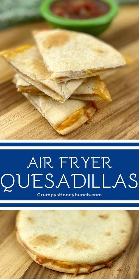 If you are looking for an easy lunch or snack that can be made in just 5 minutes, then this Air Fryer Quesadilla is exactly what you need. So easy the kids can make it on their own and the tortilla crisps up perfectly and the cheese is melty and delicious! Get this air fryer recipe and more at Grumpy's Honeybunch website. Air Fryer Quesadilla, Tortilla Crisps, Quesadilla Cheese, Salsa Guacamole, Air Fryer Recipe, Cheese Quesadilla, Cheese Crisps, Quick Lunch, Crisp Air