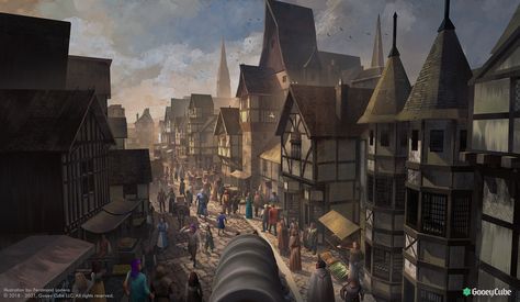 Noble District Fantasy Art, Medieval Town Fantasy Art, Medieval Kingdom Art, Futuristic Medieval City, Moyen Age Aesthetic, Fantasy Slums, Medieval City Aesthetic, Medieval Fantasy City Art, Fantasy Germany