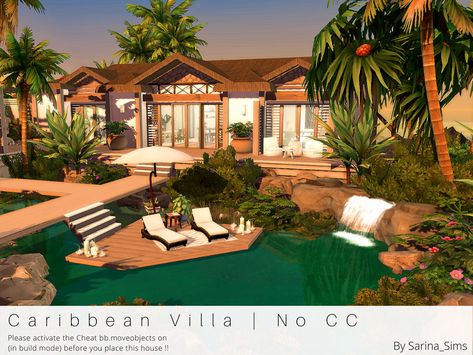 A medium-sized Caribbean villa for Sulani for 1-4 Sims with many natural elements outside.  Found in TSR Category 'Sims 4 Residential Lots' Sims 4 Island Living House, Sulani Homes Sims 4, Lotes The Sims 4, 4 Aesthetic, The Sims 4 Lots, Living Pool, Minecraft Houses Blueprints, Caribbean Villas, Sims Houses