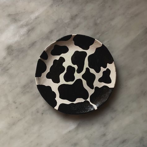 #airdryclay trinket in cow print :)🐮 Cow Print Plate, Cow Print Pottery, Air Dry Clay Trinket Dish, Australia Bedroom, Air Dry Clay Trinket, Vessel Art, Clay Trinket Dish, Clay Bowls, Cow Spots