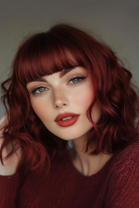 Dark Red Bob With Bangs, Dark Red Hair With Money Piece, Dark Red Hair With Bangs, Burgundy Hair Ideas, Starting Dreads, Highlights Inspiration, Red Hair With Bangs, Lob With Bangs, Soft Bangs