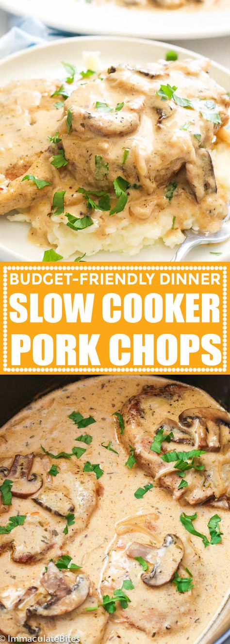 Crockpot Pork Chops With Mushrooms, Mushroom Pork Chop Recipes Crockpot, Creamy Mushroom Pork Chops Crock Pot, Slow Cooker Mushroom Pork Chops, Slow Cook Pork Chops, Golden Mushroom Pork Chops Crock Pot, Food Slow Cooker, Creamy Mushroom Gravy, Boneless Pork Chop Recipes