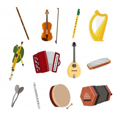 Irish musical instruments | Premium Vector #Freepik #vector #music #bow #metal #buttons Irish Musical Instruments, Irish Instruments, Celtic Ireland, English Day, Beyond The Border, Irish Music, Music And Movement, Art Theme, Beautiful Places On Earth