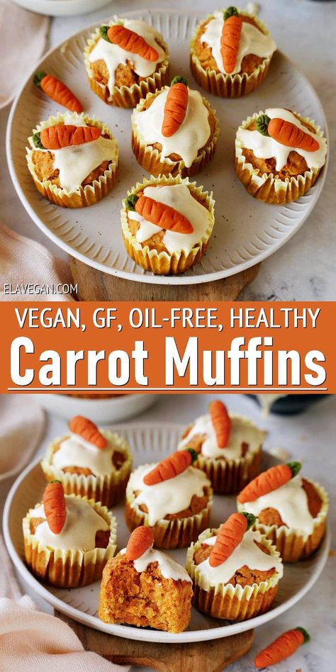 Enjoy healthy carrot muffins (or cupcakes) that are moist, soft, nutritious, and perfectly spiced. The muffins are made with unrefined sugars, are oil-free, gluten-free, egg-free, dairy-free, and vegan (but don't taste it!). Great for breakfast, a snack, or grab-and-go treat! #carrotmuffins #carrotcakemuffins #healthycarrotmuffins #vegancarrotmuffins #glutenfreemuffins #carrotcupcakes #elasrecipes | elavegan.com Cupcake Recipes Gluten Free Dairy Free, Vegan Gluten Free Carrot Muffins, Gluten Free Carrot Muffins Recipes, Vegan Carrot Muffins Healthy, Dairy Free Muffin Recipes, Easter Recipes Gluten Free, Gluten Free Vegan Muffins, Egg Free Carrot Cake, Antinflammatory Recipes