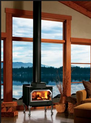 Canyon™ ST310 IronStrike Stove Stove In Front Of Window, Soapstone Stove, Wood Furnace, Outdoor Wood Fireplace, Window Nook, New Guy, Wood Fuel, Lakeside Living, Freestanding Fireplace