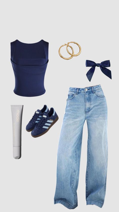 navy blue outfit inspo #navy #outfit #bows #inspo #aesthetic #rhode #hoops #adidas #blue #trendy #jeans #tops #trendyoutfit #outfitinspo Blue Top Aesthetic, Navy Blue Top Outfit, Blue Top Outfit, Navy Blue Outfit, Outfit With Jeans, Navy Outfit, Trendy Jeans, Navy Blue Top, Jeans Tops