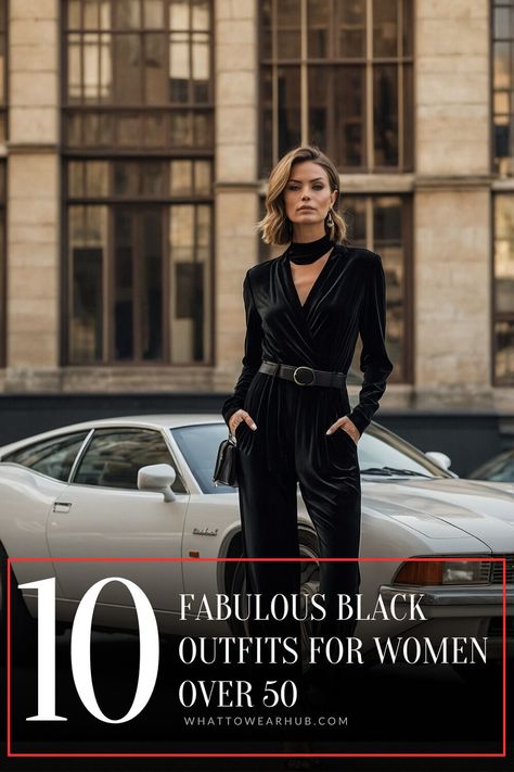 Embrace these best black outfit looks for women in their 50s! Whether dressing for a classy night out or a casual day, this collection highlights ways to wear black with flair. Discover the key elements that make black outfits timelessly chic and get inspired to update your style. #ElegantBlackStyles #Over50FashionTips #Women50Fashion Amazon Black Outfits Women, Black Cocktail Pants Outfit, Club Outfit For Women Over 40, Club Outfits For Older Women, All Black Outfit Ideas For Women, Elegant Rocker Outfit, Outfit For Clubbing Night, Black Jumpsuit Outfit Night Classy, Classy Rocker Chic Style