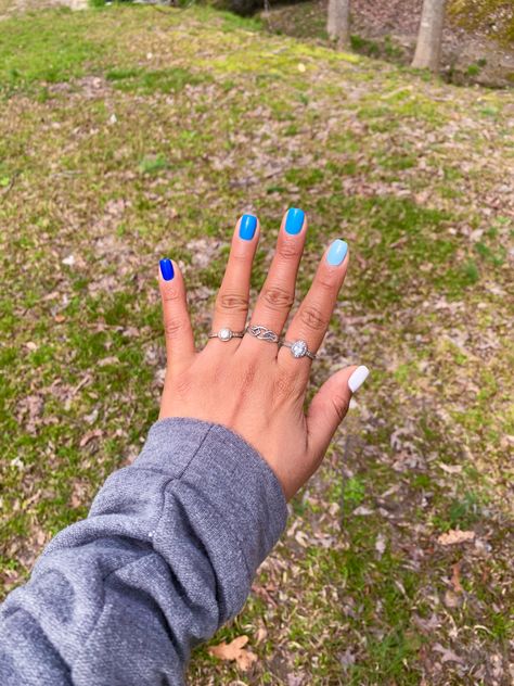 Different Color Nails Blue Shades, Different Shade Blue Nails, Different Blues Nails, Different Colour Blue Nails, Multicolored Blue Nails, Nail Colors Blue Shades, Blue Multicolor Nails Acrylic, Multiple Blue Nails, Multi Color Blue Nails