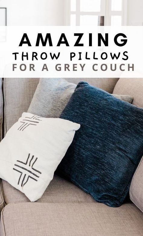 These stylish and cozy throw pillows for a grey couch will add a pop of color and enhance the overall aesthetic of your living space. Find the perfect throw pillows for your grey couch here. Grey Blue Pillows Living Rooms, Grey Couch Navy Pillows, Grey Couch Blue Pillows, Pillows For A Grey Couch, Pillows For Gray Couch, Couch Types, Grey Sectional Couch, Pottery Barn Couch, Light Gray Couch