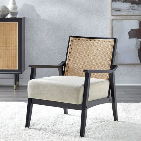 Lifestorey Serena Cane and Solid Wood Accent Chair - On Sale - Bed Bath & Beyond - 36827738 Wood Accent Chair, Wood Frame Arm Chair, Black Accent Chair, Brown Armchair, Lounge Chairs Living Room, Leather Accent Chair, Upholstered Accent Chairs, Wood Accent, Mid Century Modern Chair