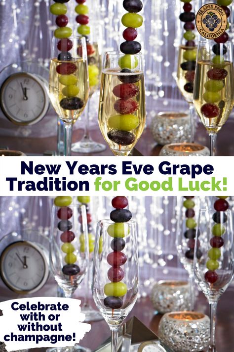 Spanish tradition calls for eating a grape with each bell strike at midnight on New Years Eve for good luck.  Celebrate with grapes from California, with or without champagne, for good luck in the new year!  #NewYearsEvetraditionsgrapes #NewYearstraditionsforgoodluck #NewYearstraditionsgrapes #NewYears #NewYearsEve #NewYearsEvefoods #NewYearstraditions #celebrateNewYears #NewYearsaroundtheworld #goodluckgrapes #traditional #best #traditionalgoodluck #lucky #goodluck #Spanish New Year Food For Good Luck, New Year’s Eve Night In Ideas, Grapes On New Years Eve, Grapes For New Years Eve, New Years Grapes Ideas, New Years Eve Grapes, Grapes New Years Eve, New Years Eve Good Luck Food, New Year Traditions For Good Luck