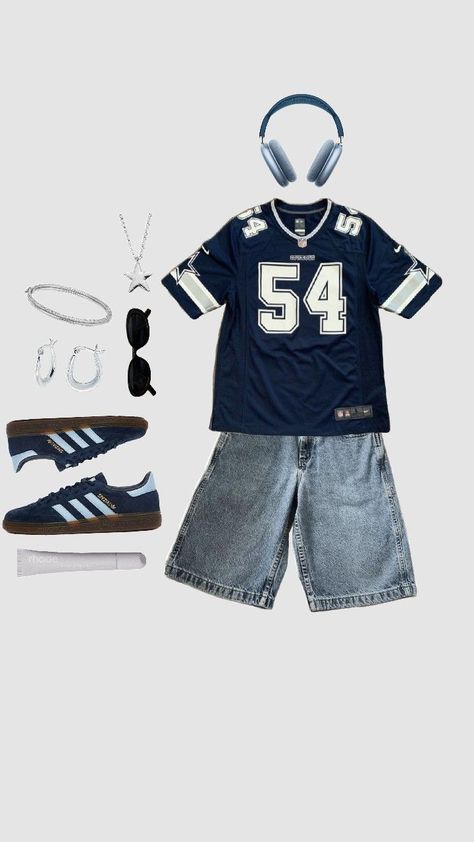 #blue #rhode #haileybieber #jersey #streetwear #summer #jorts #apple #cleangirl #aesthetic Outfit Ideas Men Streetwear, Summer Jorts, Jersey Streetwear, Billie Eilish Outfits, Street Style Outfits Casual, 90’s Outfits, Skateboard Clothes, Chica Cool, Cool Kids Clothes