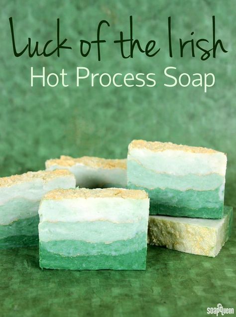 Luck of the Irish Hot Process Soap by Soap Queen. With avocado oil and shea butter, colored with chrome green oxide and gold sparkle mica. Hot Process Soap, Feb 14th, Soap Queen, Chrome Green, Soap Tutorial, Soap Making Recipes, Green Soap, Nice Gifts, Soap Recipe