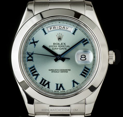 ROLEX PLATINUM UNWORN OYSTER PERPETUAL ICE BLUE DAY-DATE II B&P 218206  http://www.watchcentre.com/product/rolex%C2%A0platinum-unworn-oyster-perpetual-ice-blue-day-date-ii-bp-218206/1729 Rolex Platinum, Used Rolex, Blue Day, Wrist Candy, Rolex Oyster Perpetual, Rolex Oyster, Rolex Day Date, Oyster Perpetual, Patek Philippe