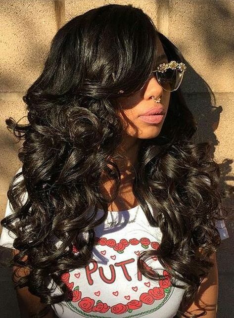 long curly sew-in hairstyle Best Human Hair Wigs, Sew In Hairstyles, African American Wigs, Loose Waves Hair, Long Hair With Bangs, Sew In, Short Wigs, Long Wigs, Black Natural Hairstyles