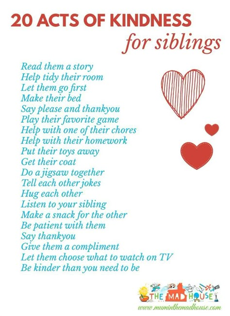 20 acts of kindness for siblings - A fab free printable to encourage siblings to live in harmony and reduce sibling rivalry. Kindness Jar, Co-parenting, Kindness Activities, Quotes Family, Confidence Kids, Sibling Rivalry, Smart Parenting, Acts Of Kindness, Kids Behavior