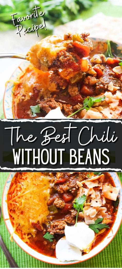 Collage of bowlful of chili without beans at top and bottom. Chili Recipe Beanless, Slow Cooker Chili Without Beans, Chilling Beans Recipe, Bean Less Chili Recipes, Chilli Recipe Crockpot No Beans, No Bean Chilli Recipes, No Bean Chili Recipes Crockpot, No Bean Chili Crockpot, Beanless Chilli