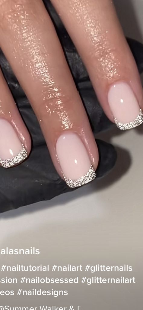 Wedding Guest Biab Nails, Square Glitter Tip Nails, White With Silver Tips Nails, Simple Nail Designs Ring Finger, Glitter French Manicure Designs, Formal Nail Ideas Silver, Acrylic Nails Ideas Wedding Guest, Sparkle French Manicure Glitter, Simple Pageant Nails