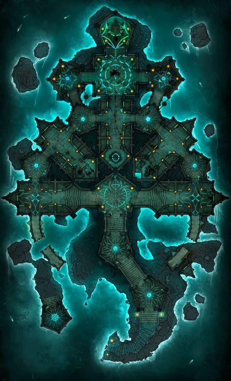 Underwater Temple Map Dnd, Fey Battle Map Dnd, Underground Temple Battlemap, Abyss Battlemap, Underwater Temple Map, Scifi Dnd Map, Dnd Underdark Map, City Ruins Art, Palworld Base Setup