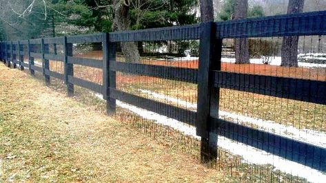 Pasture Fence Ideas Farms, 3 Rail Fence Wood, 3 Board Fence With Wire, Black Horse Fence, Split Rail Fence With Wire Mesh, Rural Fencing Ideas Australia, 3 Rail Fence With Wire, Black Split Rail Fence, Orchard Fencing